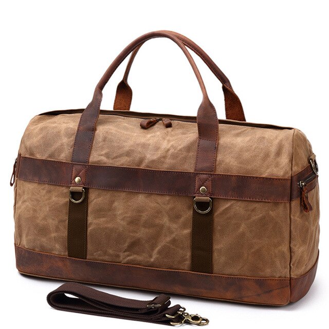 Waterproof Oil Wax Canvas with Leather Bag Men Vintage Shoulder Weekend Tote Portable Large Capacity Travel Duffle Bags