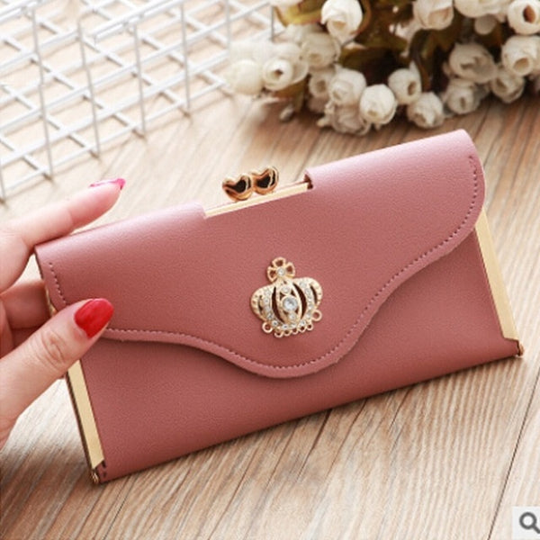 Womens Trendy PU Leather Crown Clutch Wallet Long Card Holder Purse Box Handbag Bag