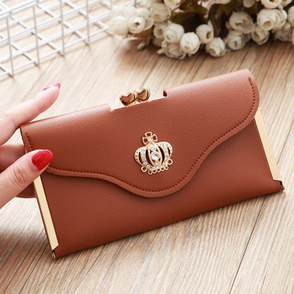 Womens Trendy PU Leather Crown Clutch Wallet Long Card Holder Purse Box Handbag Bag