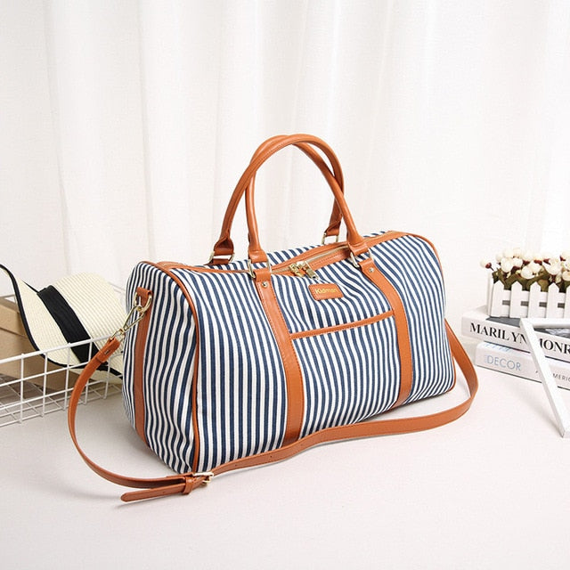 Canvas+PU Leather Women Travel Bag Fashion Striped Duffel Tote Large Weekend Bag Female Packing Cubes Suitcase Shoulder Bags