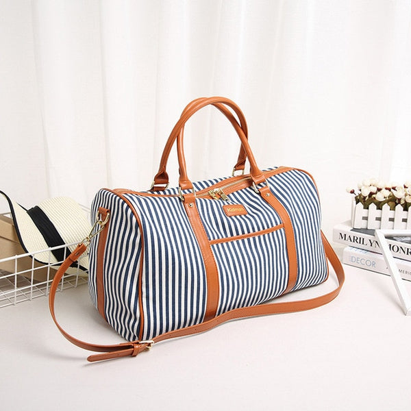 Canvas+PU Leather Women Travel Bag Fashion Striped Duffel Tote Large Weekend Bag Female Packing Cubes Suitcase Shoulder Bags